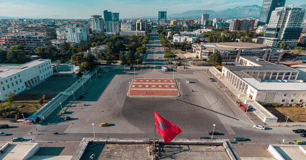 Protesters marching in the streets of Tirana, Albania