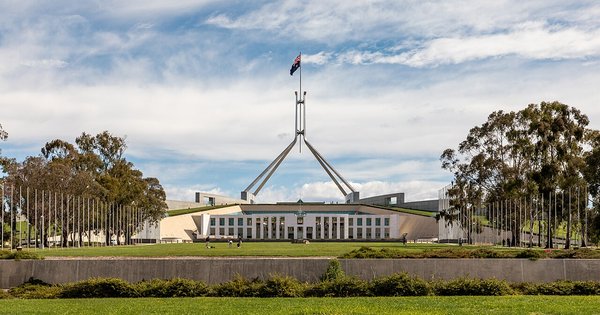 Parliament House in Canberra, Australia, seen across its forecourt