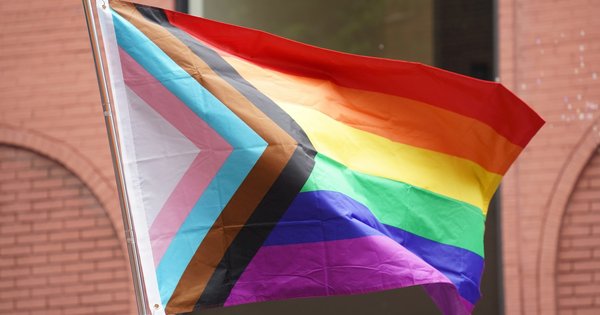 Courthouse columns with a rainbow flag, symbolizing legal gender recognition rulings