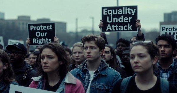Demonstrators with transgender pride flags at a rally for trans rights