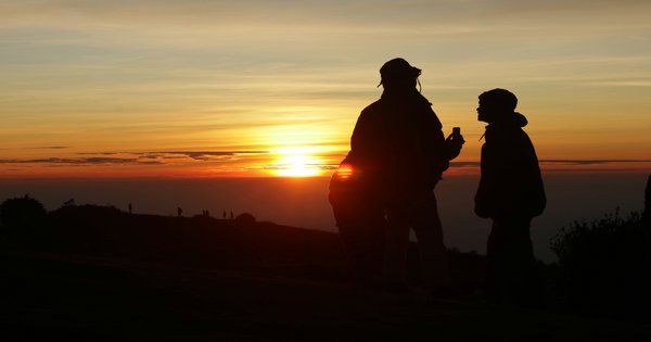 A child's hand holding an adult's hand, silhouetted against a sunset