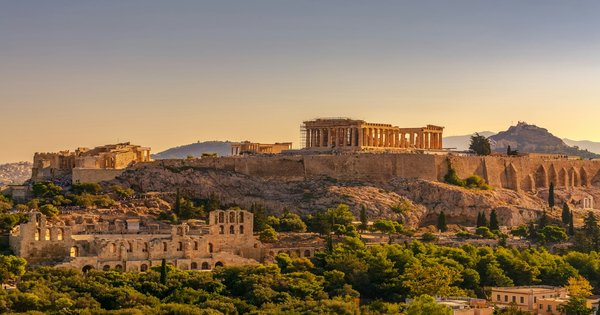 View of the Acropolis and Athens cityscape at golden hour
