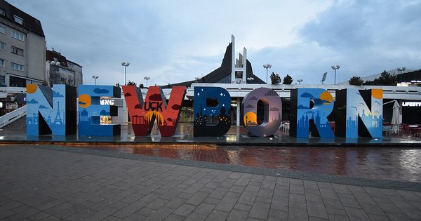 The NEWBORN monument in central Pristina, Kosovo, spelled out in large block letters