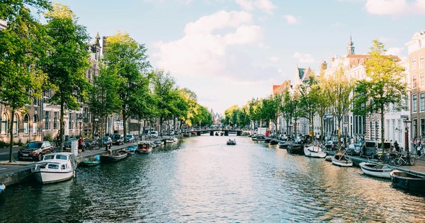 Boats moored along a tree-lined canal with historic houses in Amsterdam