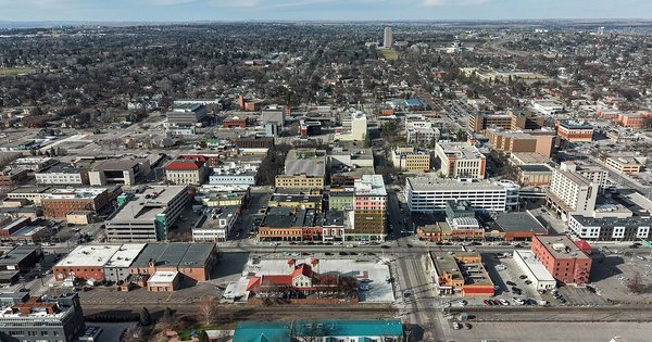 An aerial view of Bismarck, North Dakota, with the state capitol grounds
