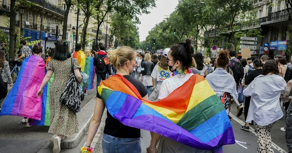 Marchers wrapped in rainbow flags walk away from the camera down a tree-lined Paris street during Pride