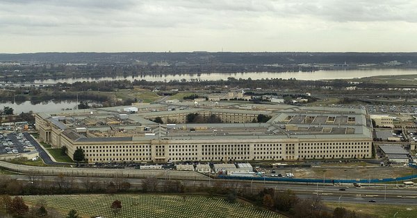 Aerial view of the Pentagon, headquarters of the US Department of Defense, beside the Potomac River