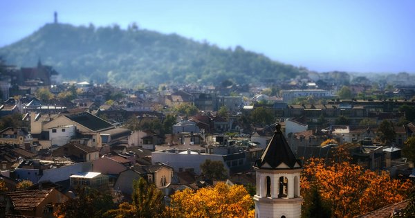 Aerial view of houses and rooftops in Plovdiv, Bulgaria
