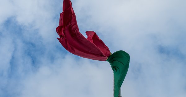 A Portuguese national flag rippling in the wind in a Lisbon park