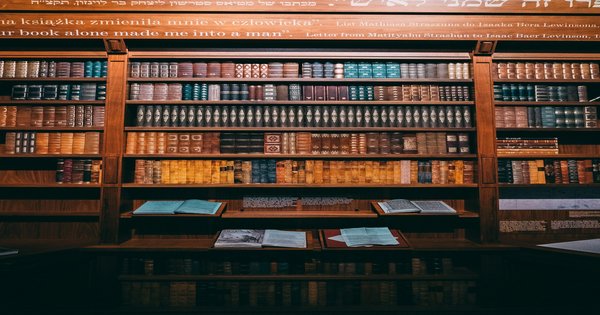 Rows of books on a shelf in a library