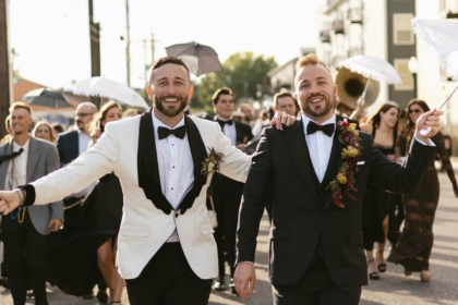 Gay ex-baseball star marries his partner in a lavish New Orleans wedding – complete with jazz band