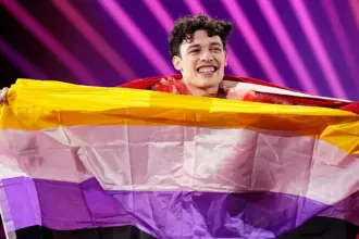 Nemo defiantly flies non-binary flag at Eurovision.